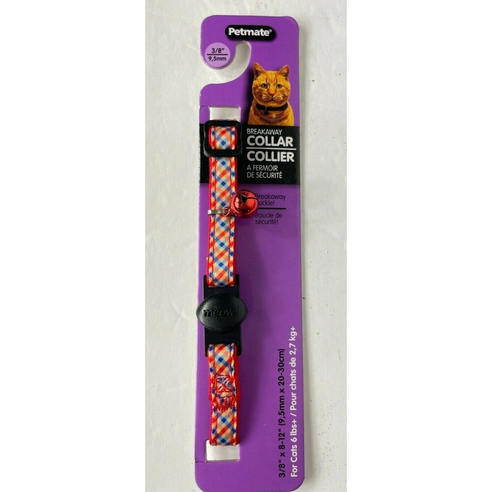 Petmate Cat Pet Collar 3/8 by 8 to 12-Inch 6 lb Bell Breakaway Buckle Gingham